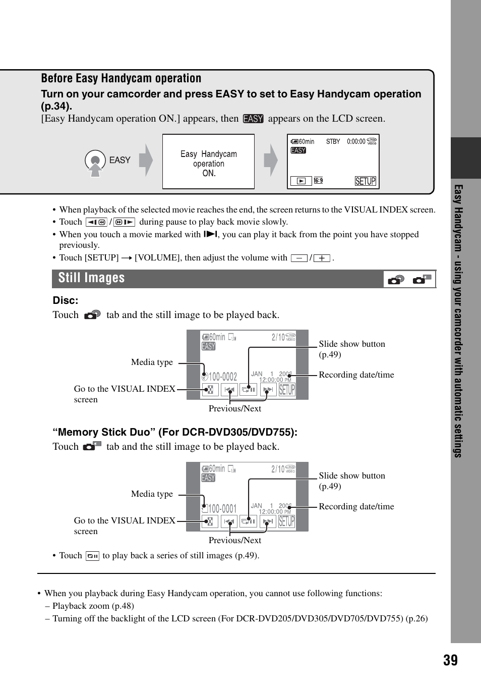 Still images, Before easy handycam operation | Sony DCR-DVD205 User Manual | Page 39 / 156