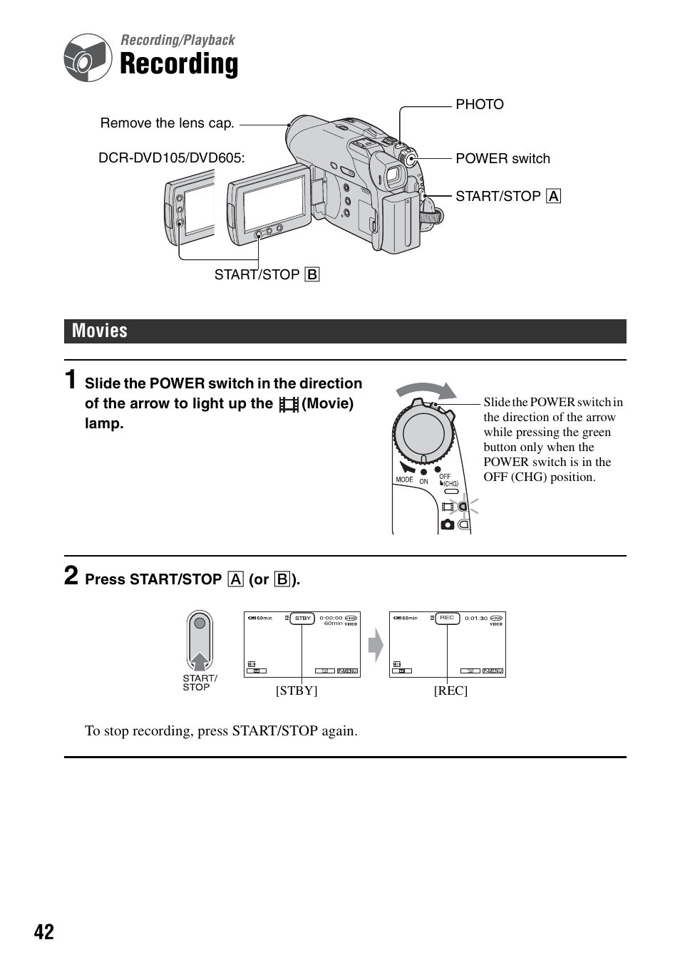 Recording/playback, Recording, Playback 42 | Movies | Sony DCR-DVD205 User Manual | Page 42 / 156