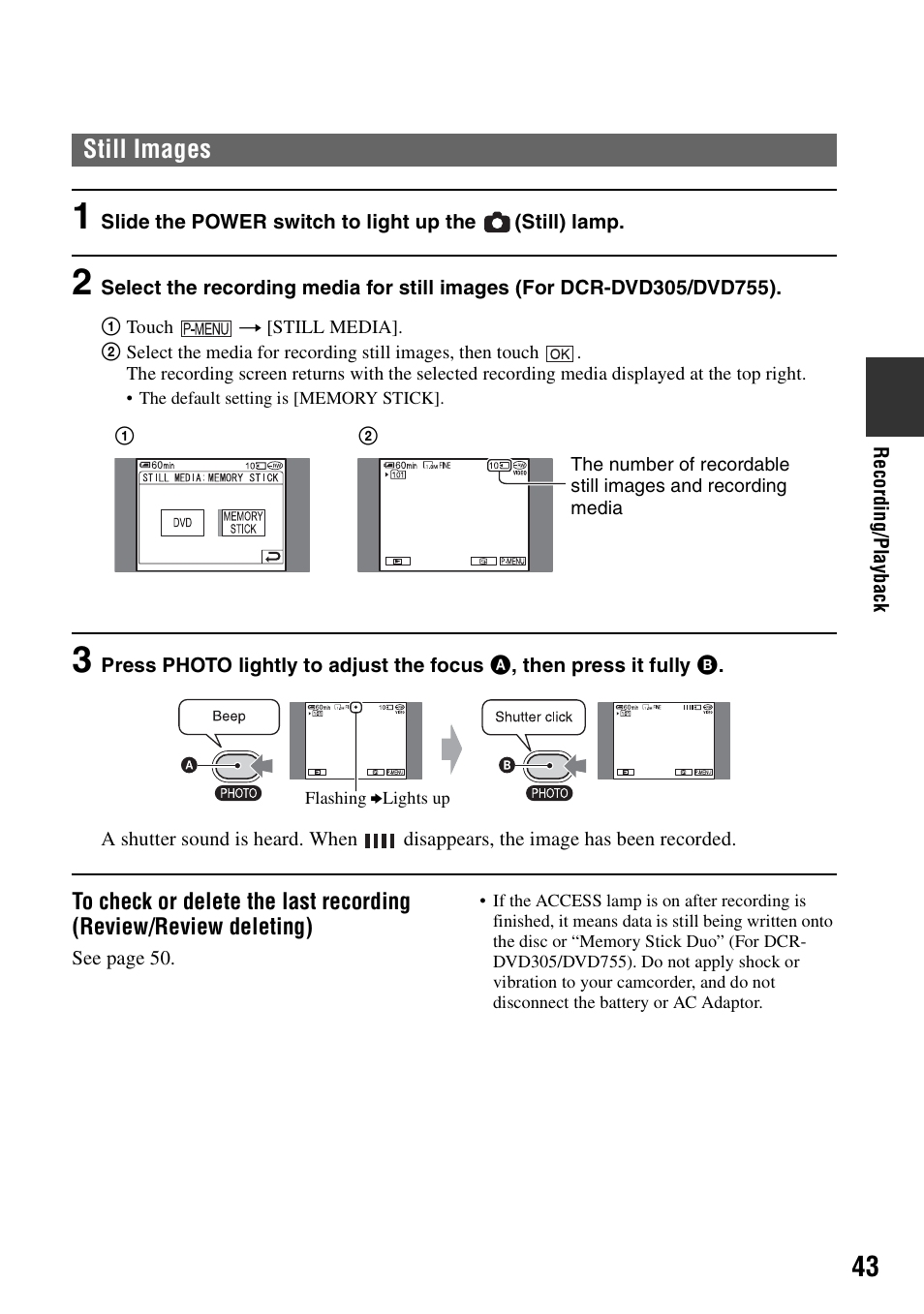 Still images | Sony DCR-DVD205 User Manual | Page 43 / 156