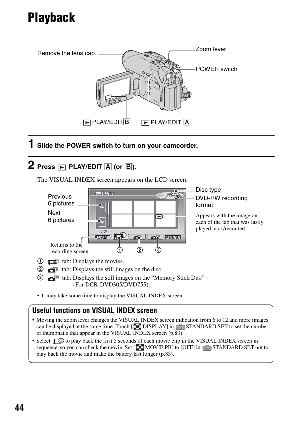 Playback | Sony DCR-DVD205 User Manual | Page 44 / 156