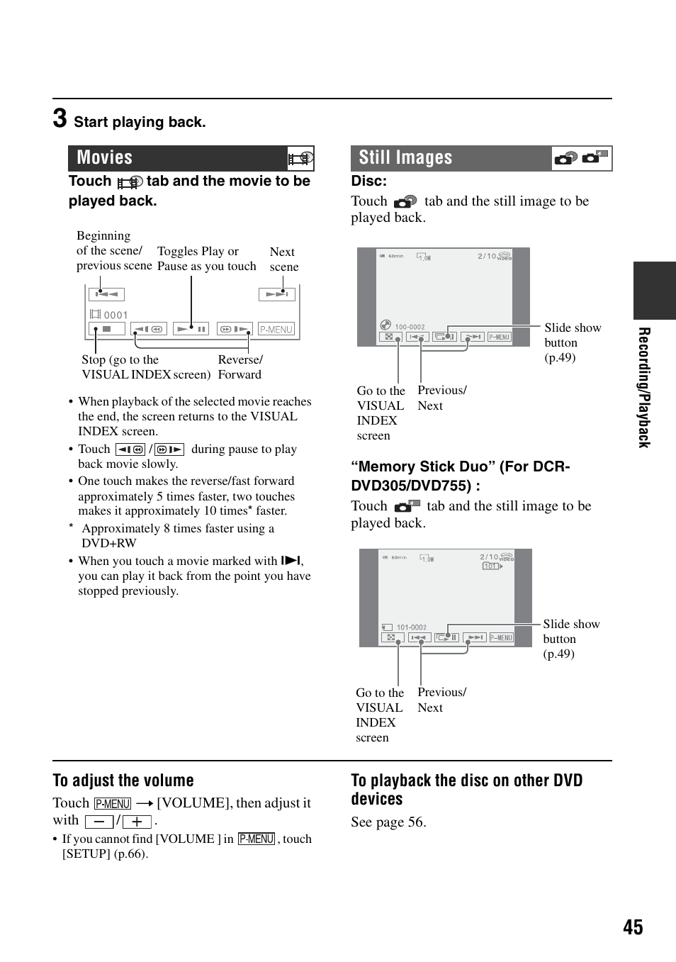 Movies still images | Sony DCR-DVD205 User Manual | Page 45 / 156