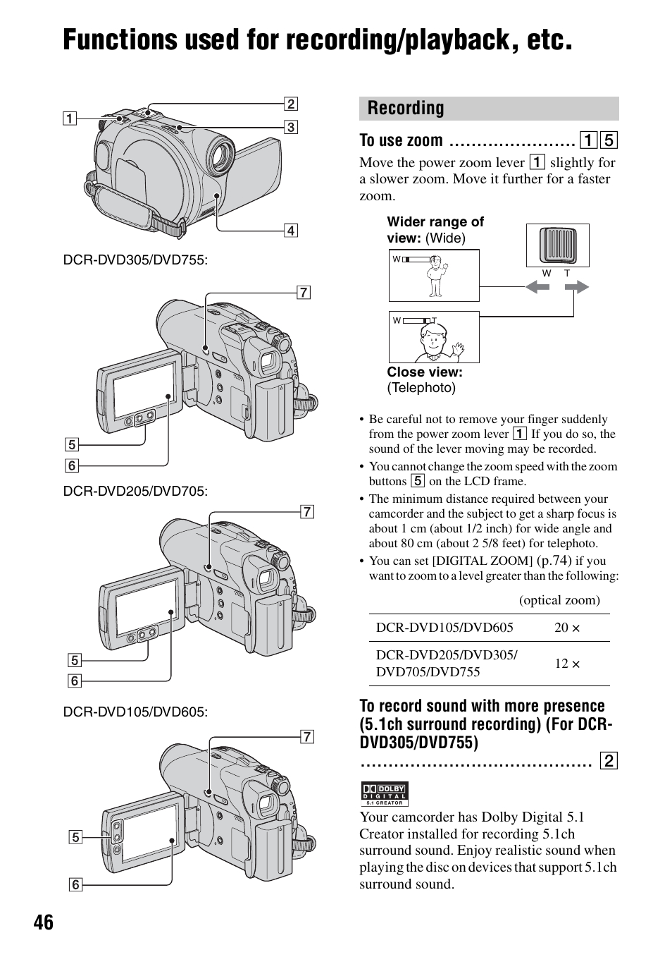 Functions used for recording/playback, etc, Recording, To use zoom | P.46, 1) (p.46) | Sony DCR-DVD205 User Manual | Page 46 / 156