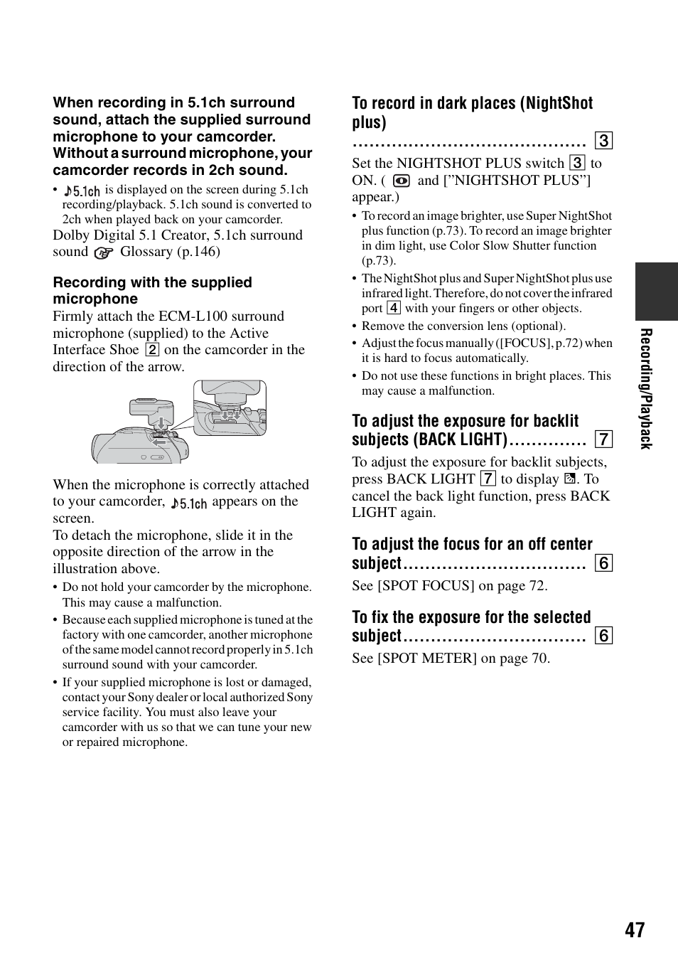 To record in dark places (nightshot plus), To adjust the focus for an off center subject, To fix the exposure for the selected subject | P.47) | Sony DCR-DVD205 User Manual | Page 47 / 156