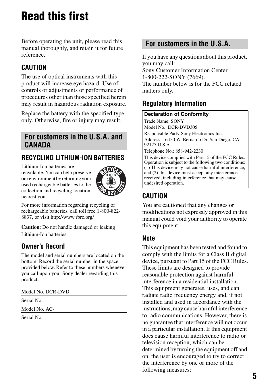 Read this first, For customers in the u.s.a. and canada, For customers in the u.s.a | Sony DCR-DVD205 User Manual | Page 5 / 156