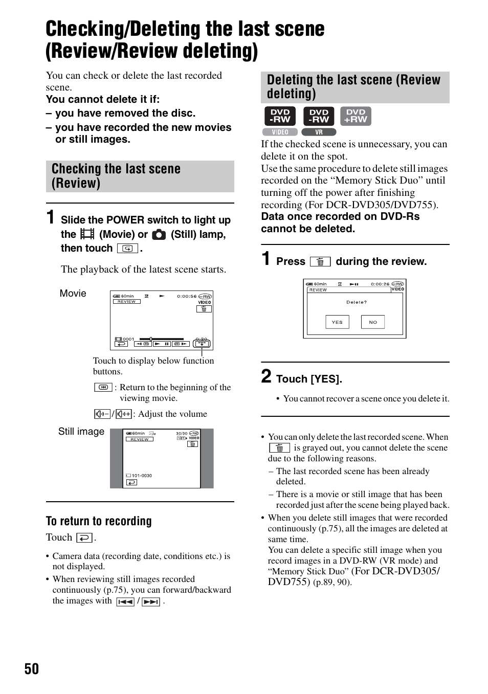 P.50, P.50), Checking the last scene (review) | Deleting the last scene (review deleting) | Sony DCR-DVD205 User Manual | Page 50 / 156