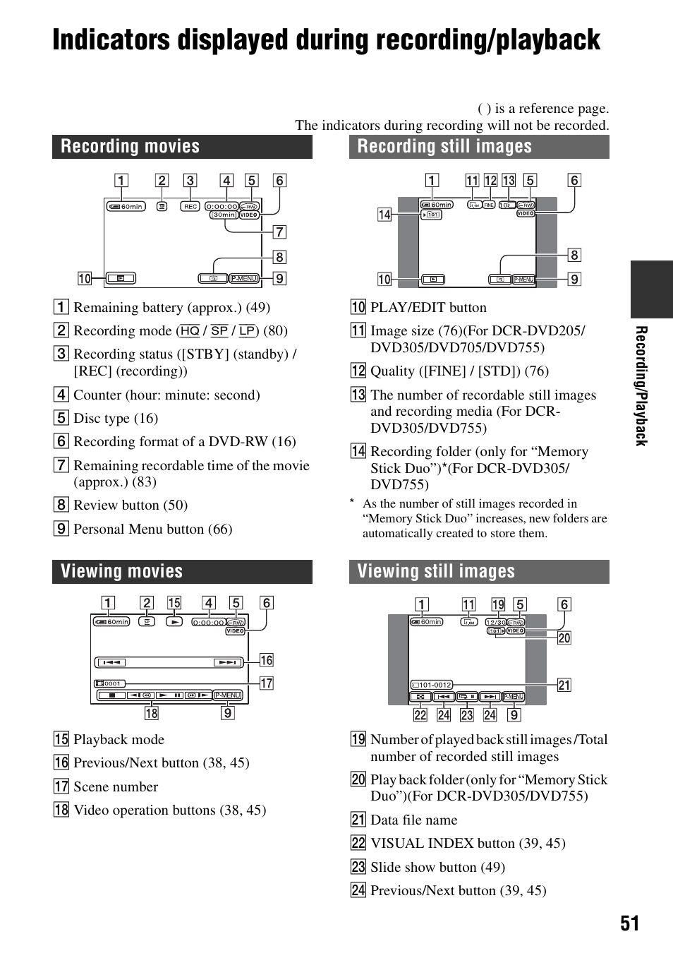 Indicators displayed during recording/playback, Recording movies recording still images, Viewing movies viewing still images | Sony DCR-DVD205 User Manual | Page 51 / 156