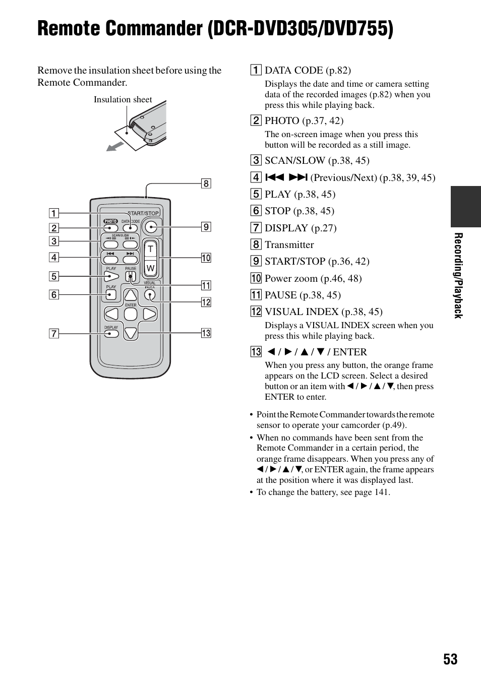 Remote commander (dcr-dvd305/dvd755), P.53, R (p.53) to | Sony DCR-DVD205 User Manual | Page 53 / 156
