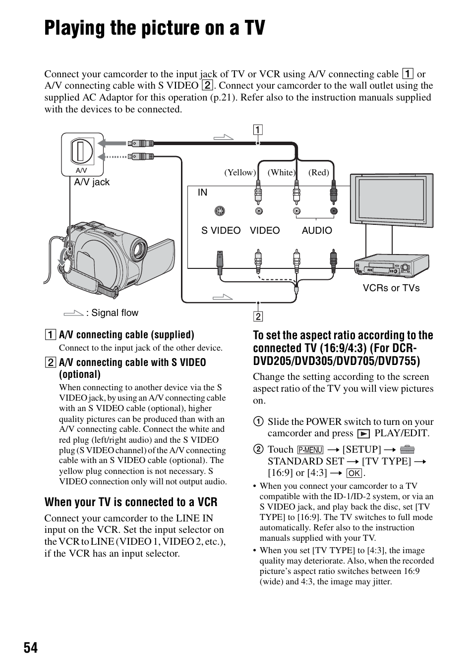 Playing the picture on a tv, P.54), P.54 | Sony DCR-DVD205 User Manual | Page 54 / 156