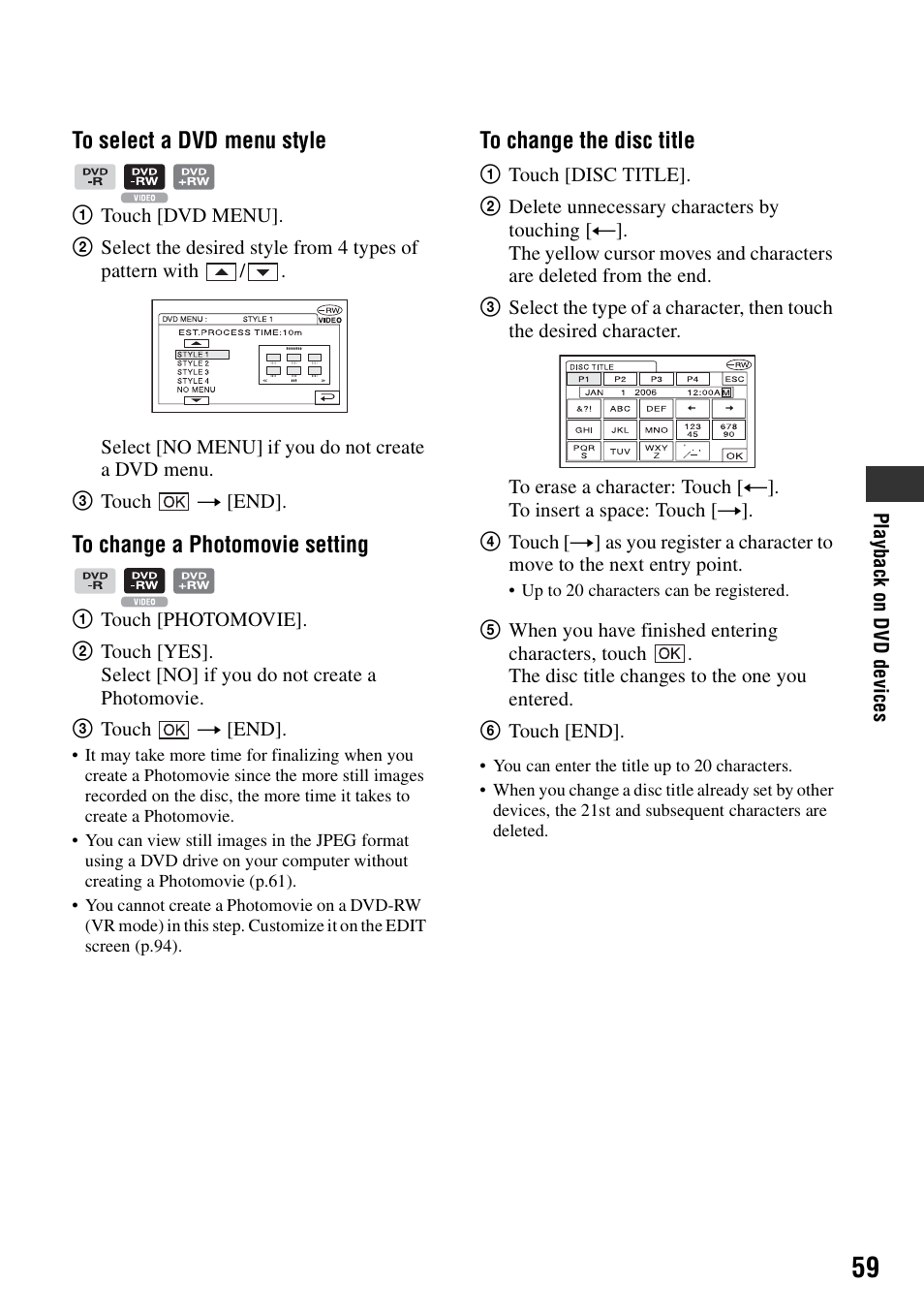 P.59), G (p.59 | Sony DCR-DVD205 User Manual | Page 59 / 156