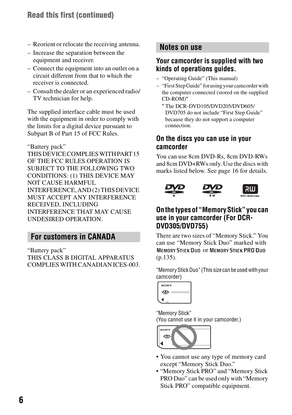 Sony DCR-DVD205 User Manual | Page 6 / 156