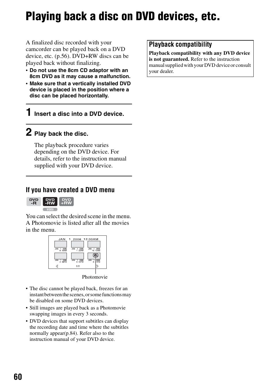 Playing back a disc on dvd devices, etc, Nd 60, P.60 | Sony DCR-DVD205 User Manual | Page 60 / 156