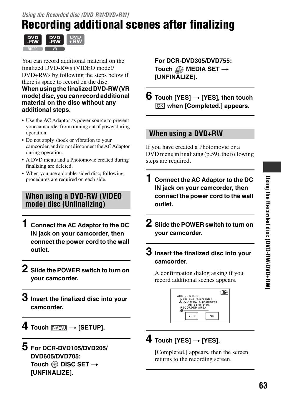 Using the recorded disc (dvd-rw/dvd+rw), Recording additional scenes after finalizing, Using the recorded disc | P.63, P.63) | Sony DCR-DVD205 User Manual | Page 63 / 156