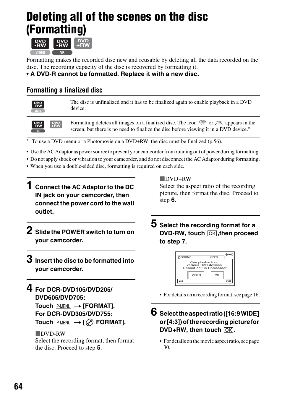 P.64), Tting (p.64) | Sony DCR-DVD205 User Manual | Page 64 / 156