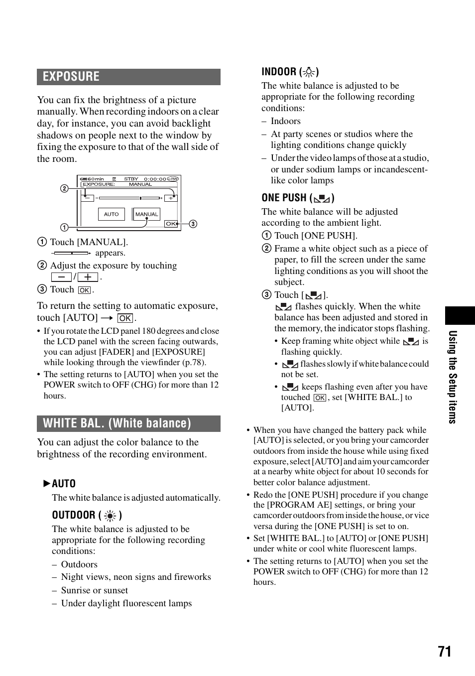 P.71, Ce (71, Re (71 | Exposure white bal. (white balance) | Sony DCR-DVD205 User Manual | Page 71 / 156