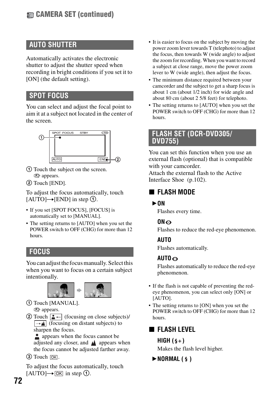 P.72), Camera set (continued) | Sony DCR-DVD205 User Manual | Page 72 / 156