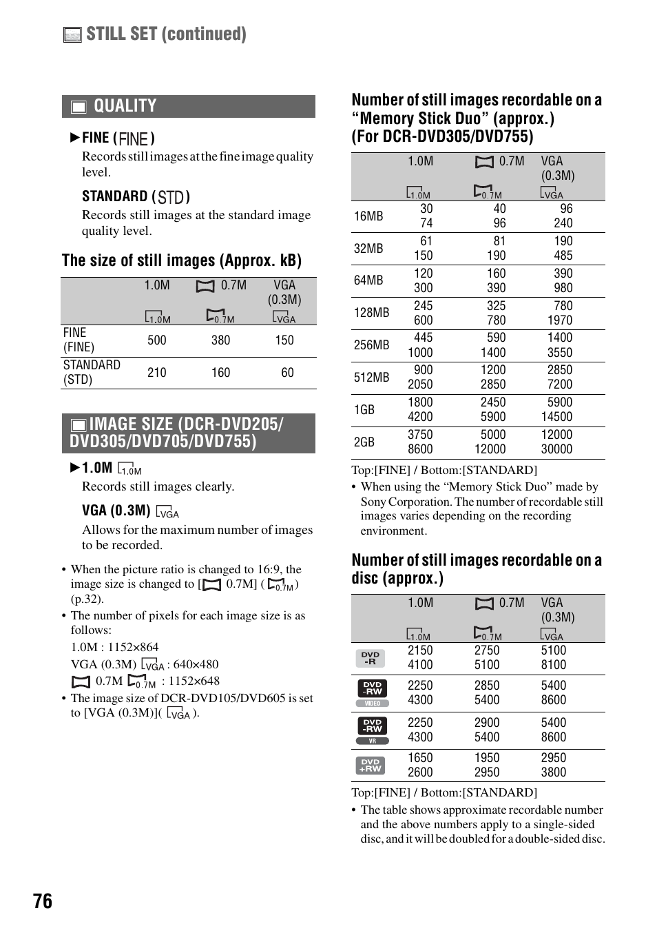 Ee p.76, P.76), Still set (continued) | Quality, The size of still images (approx. kb) | Sony DCR-DVD205 User Manual | Page 76 / 156