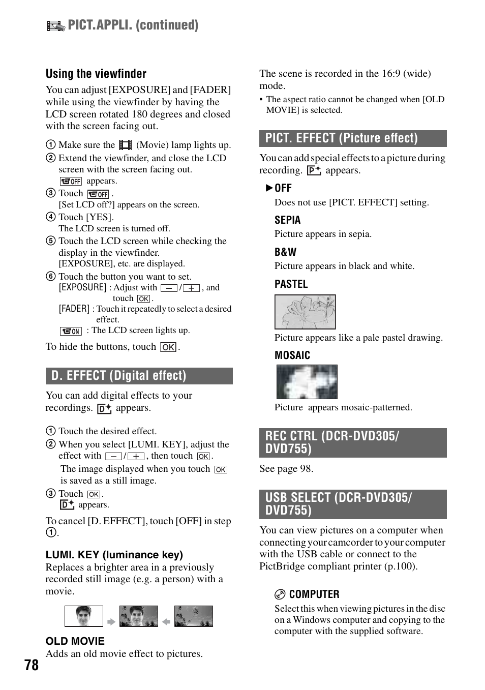 P.78), Pict.appli. (continued) | Sony DCR-DVD205 User Manual | Page 78 / 156