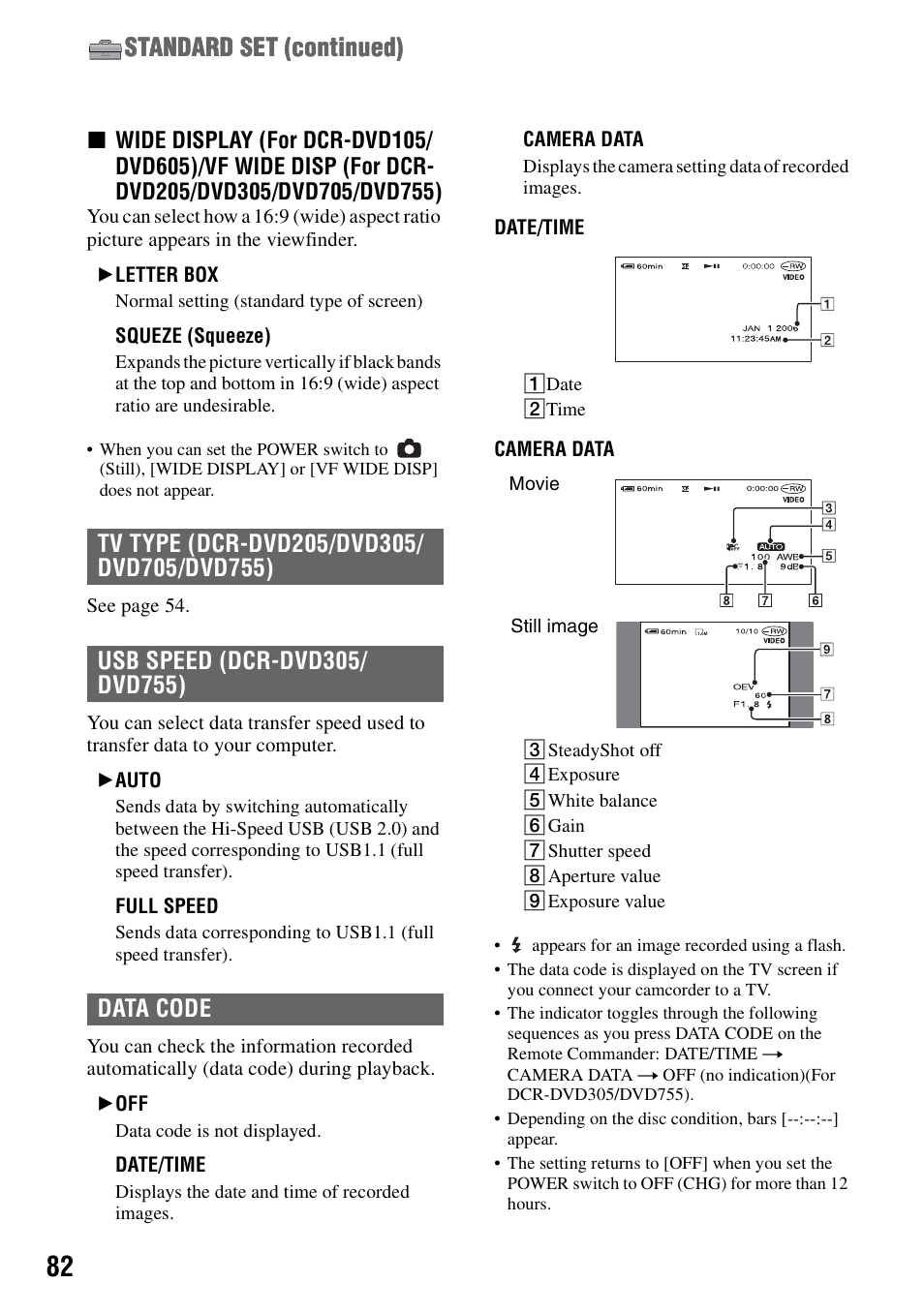P.82), Ck (p.82), Standard set (continued) | Sony DCR-DVD205 User Manual | Page 82 / 156