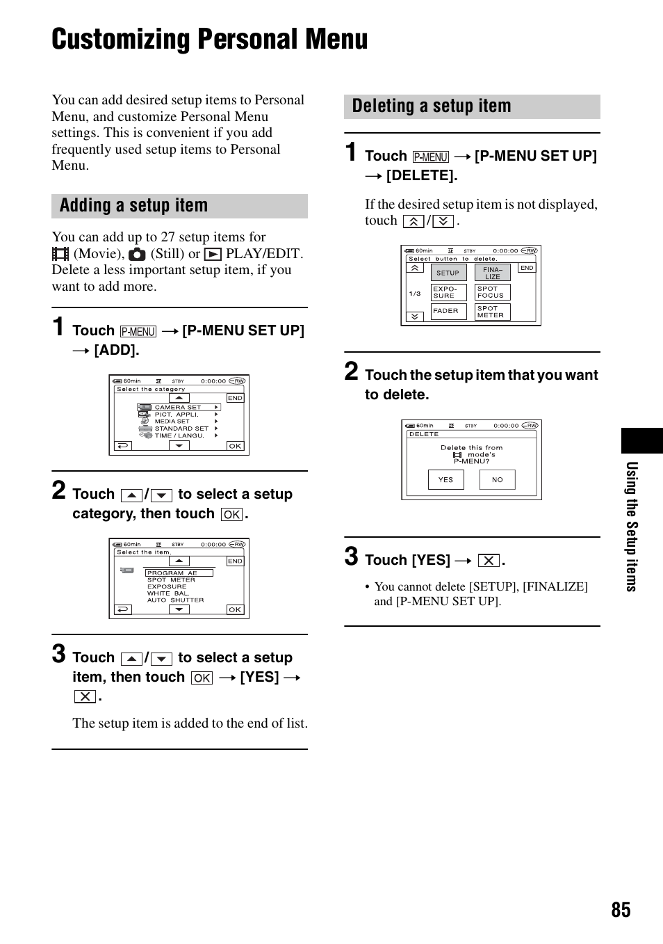 Customizing personal menu, 2 to | Sony DCR-DVD205 User Manual | Page 85 / 156