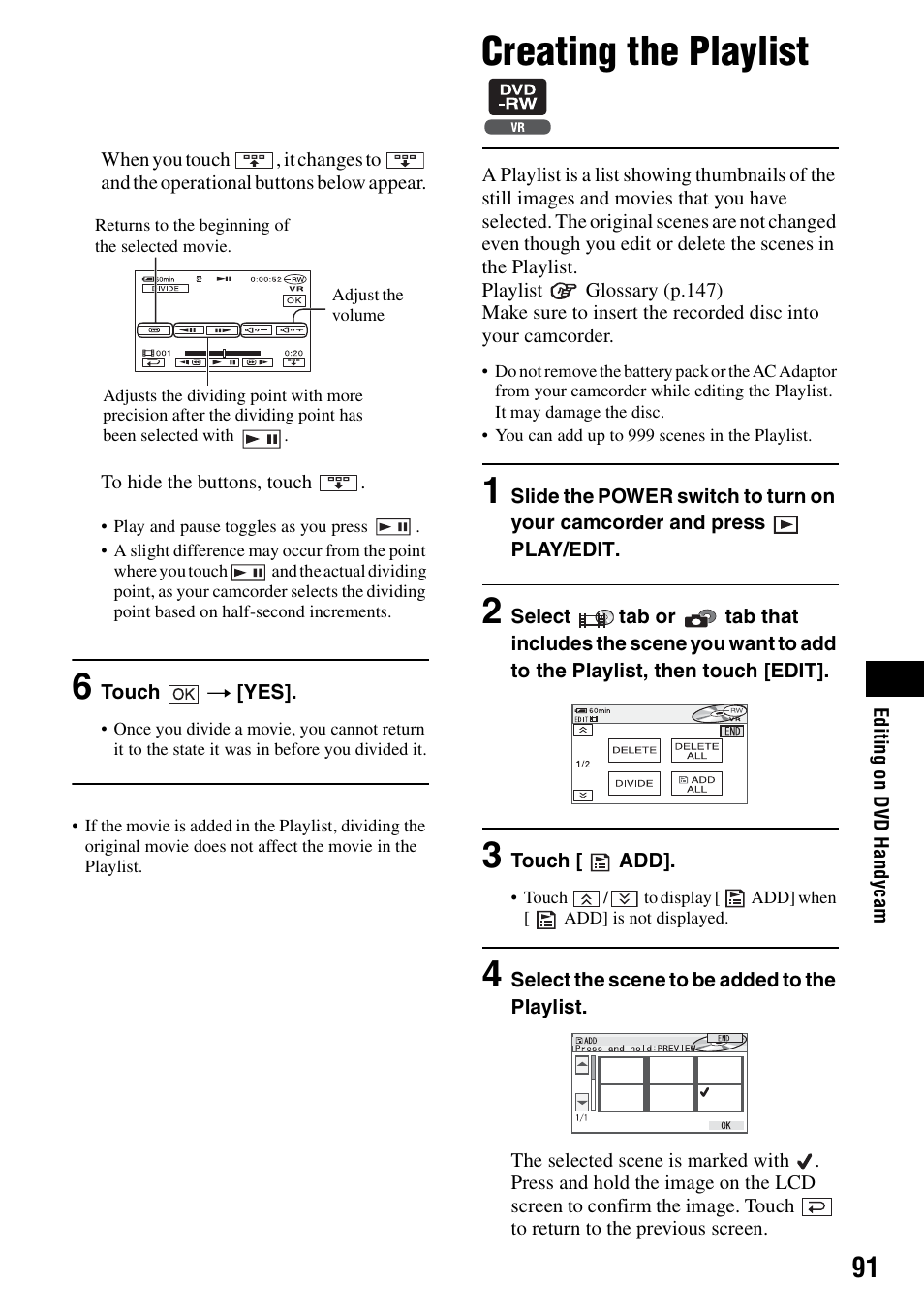Creating the playlist, P.91) | Sony DCR-DVD205 User Manual | Page 91 / 156