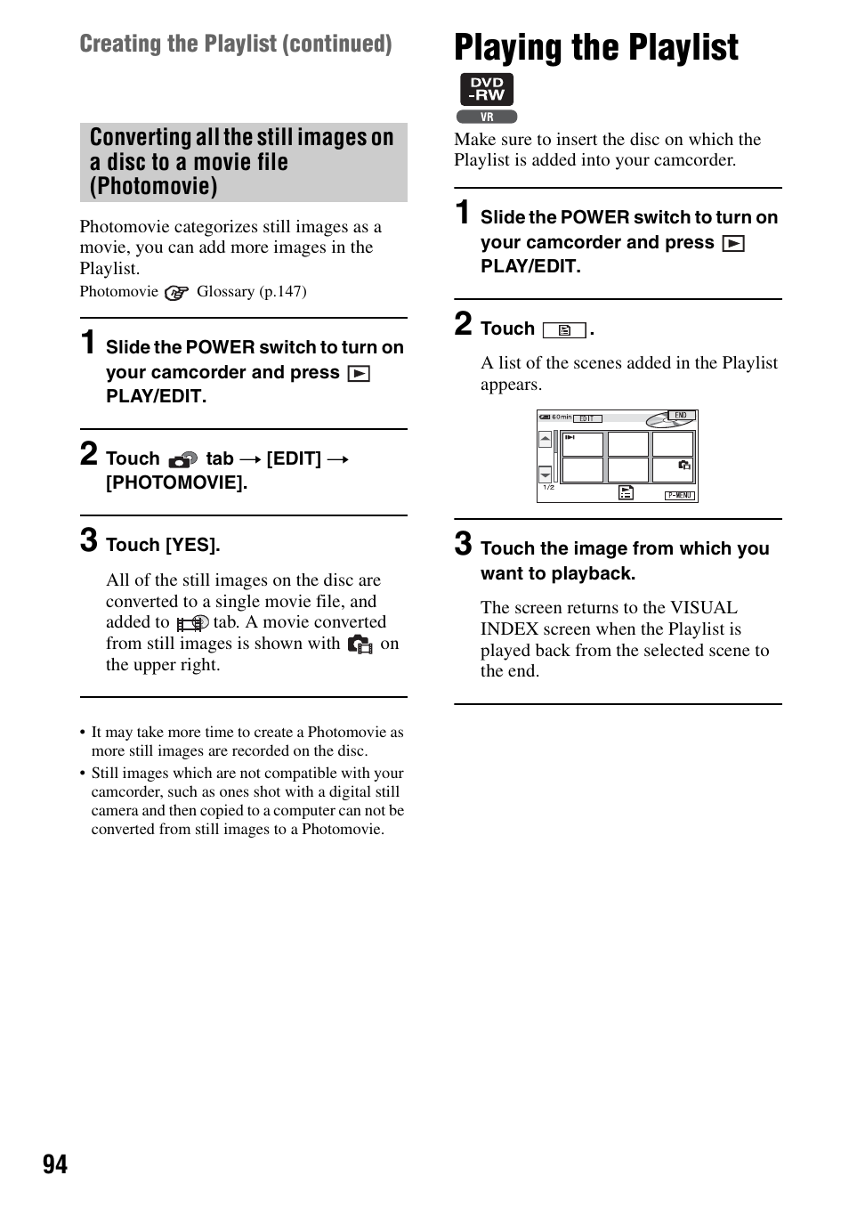 Playing the playlist, P.94) | Sony DCR-DVD205 User Manual | Page 94 / 156
