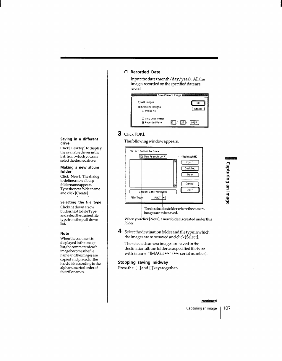 Recorded date, Stopping saving midway | Sony DSC-F1 User Manual | Page 107 / 127