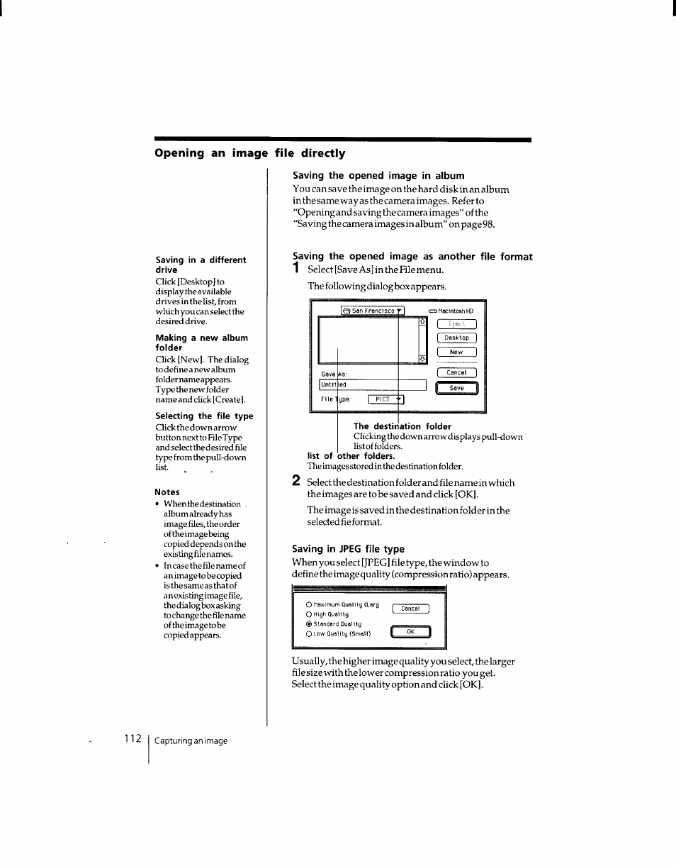 Saving the opened image as another file format, Saving in jpeg file type, Opening an image file directly | Sony DSC-F1 User Manual | Page 112 / 127