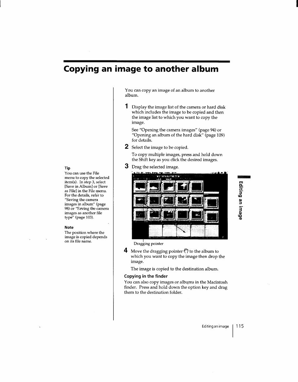 Copying an image to another album, Copying in the finder | Sony DSC-F1 User Manual | Page 115 / 127