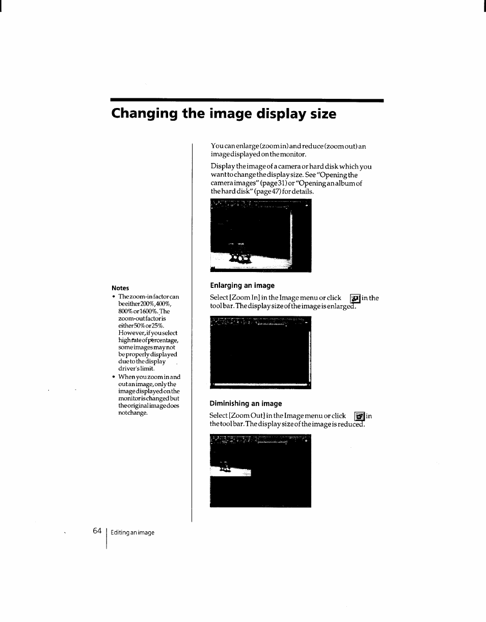 Changing the image display size, Enlarging an image, Diminishing an image | Sony DSC-F1 User Manual | Page 64 / 127
