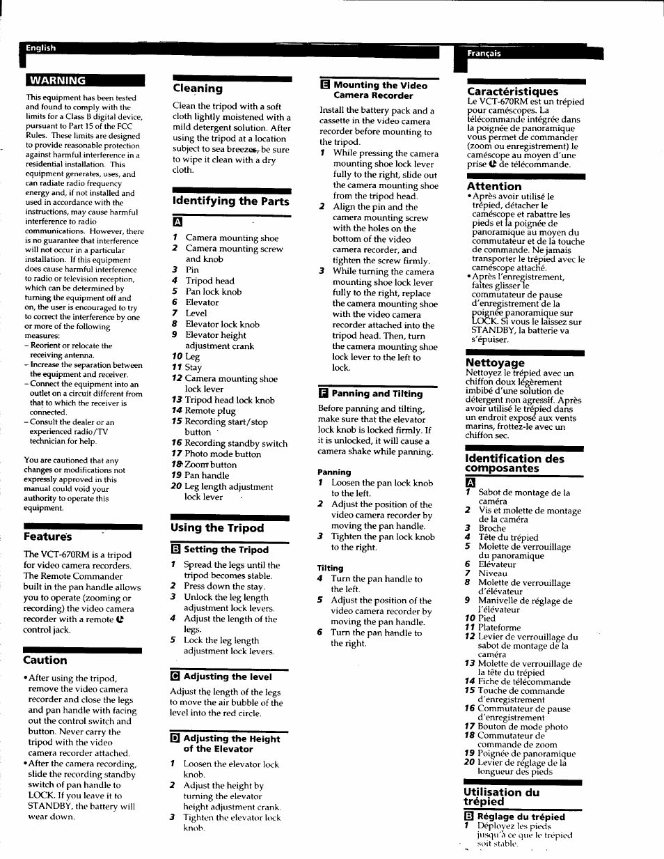 Warning, Features, Caution | Cleaning, Identifying the parts, Using the tripod, Caractéristiques, Attention, Nettoyage, Identification des composantes | Sony VCT-670RM User Manual | Page 2 / 6