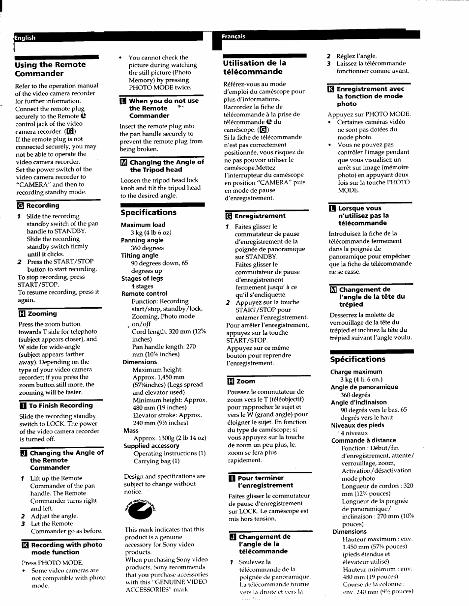 Using the remote commander, Specifications, Utilisation de la télécommande | Spécifications | Sony VCT-670RM User Manual | Page 5 / 6