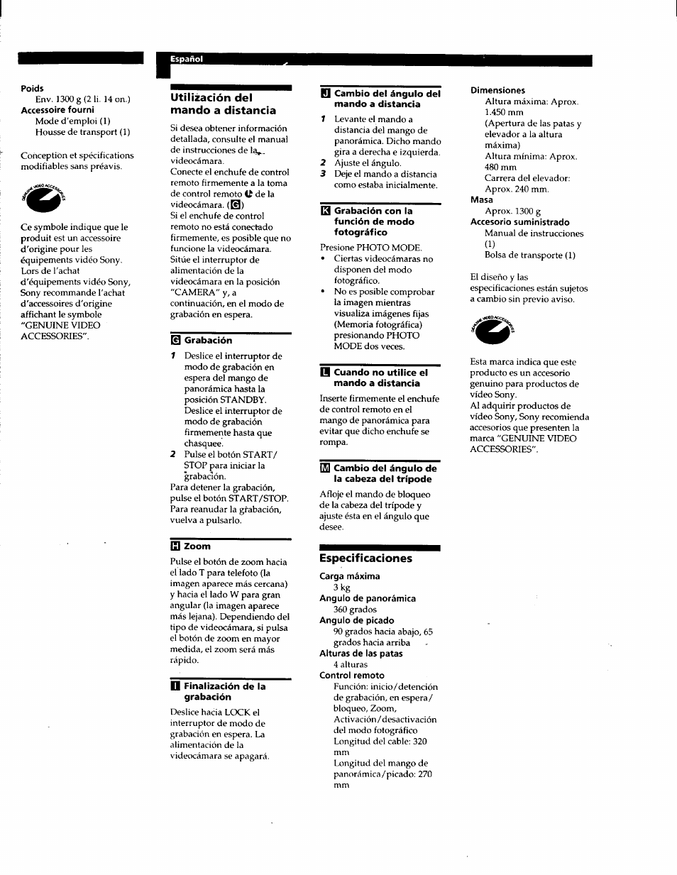 Utilización del mando a distancia, Especificaciones | Sony VCT-670RM User Manual | Page 6 / 6