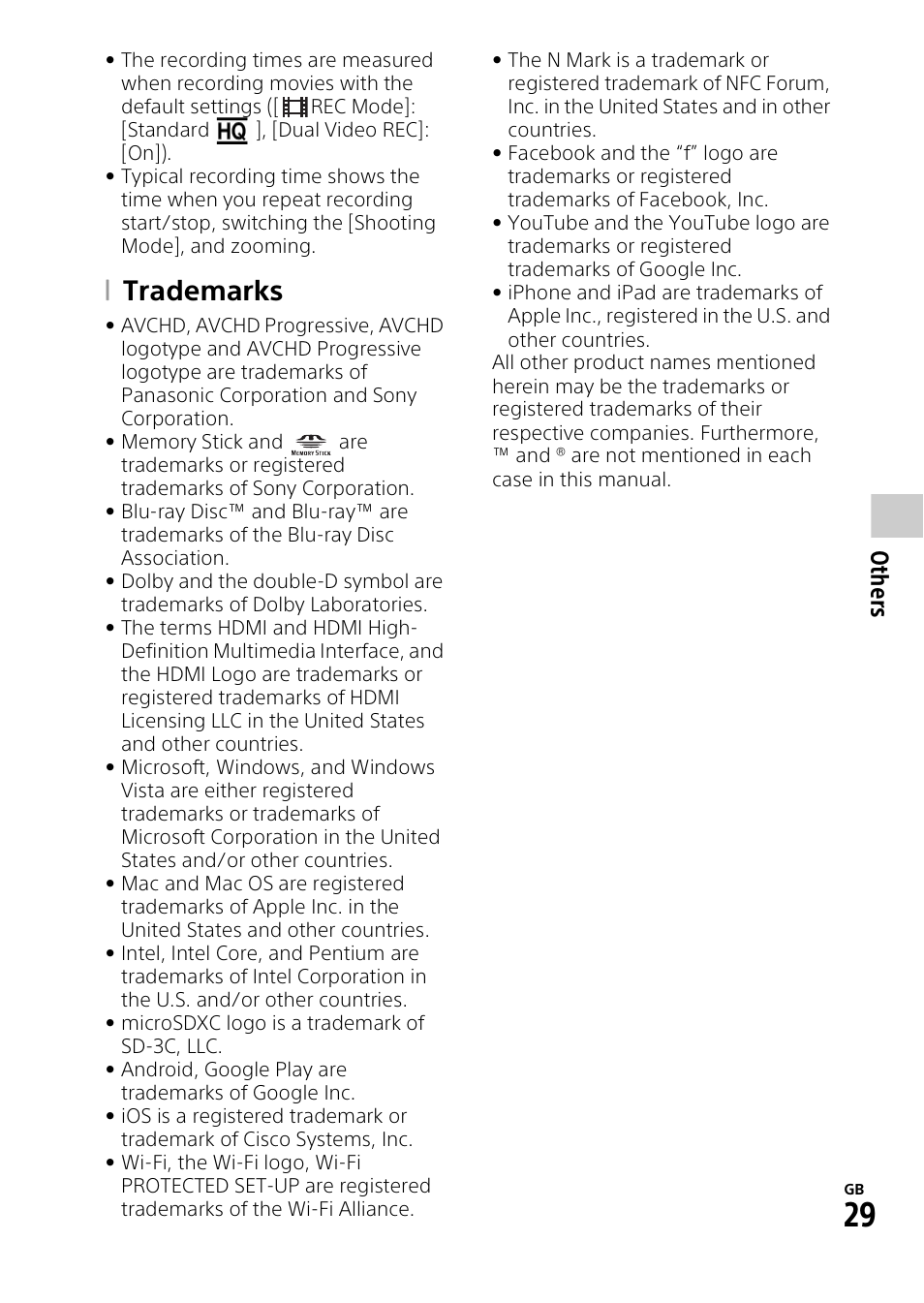 Trademarks | Sony HDR-PJ340 User Manual | Page 29 / 32