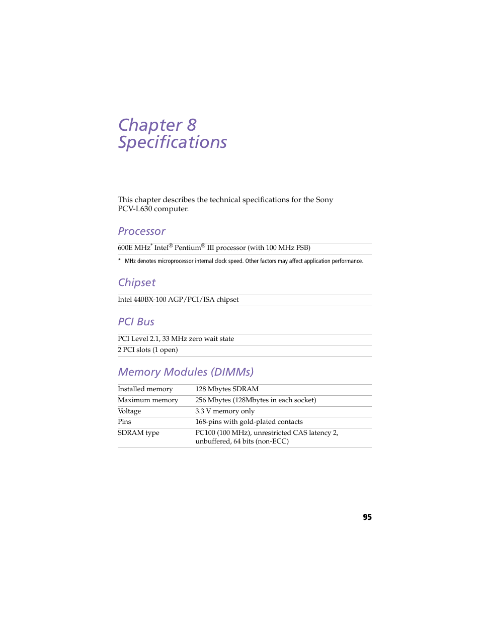Specifications, Processor, Chipset | Pci bus, Memory modules (dimms), Chapter 8 — specifications, Processor chipset pci bus memory modules (dimms), Chapter 8 specifications | Sony PCV-L630 User Manual | Page 103 / 110