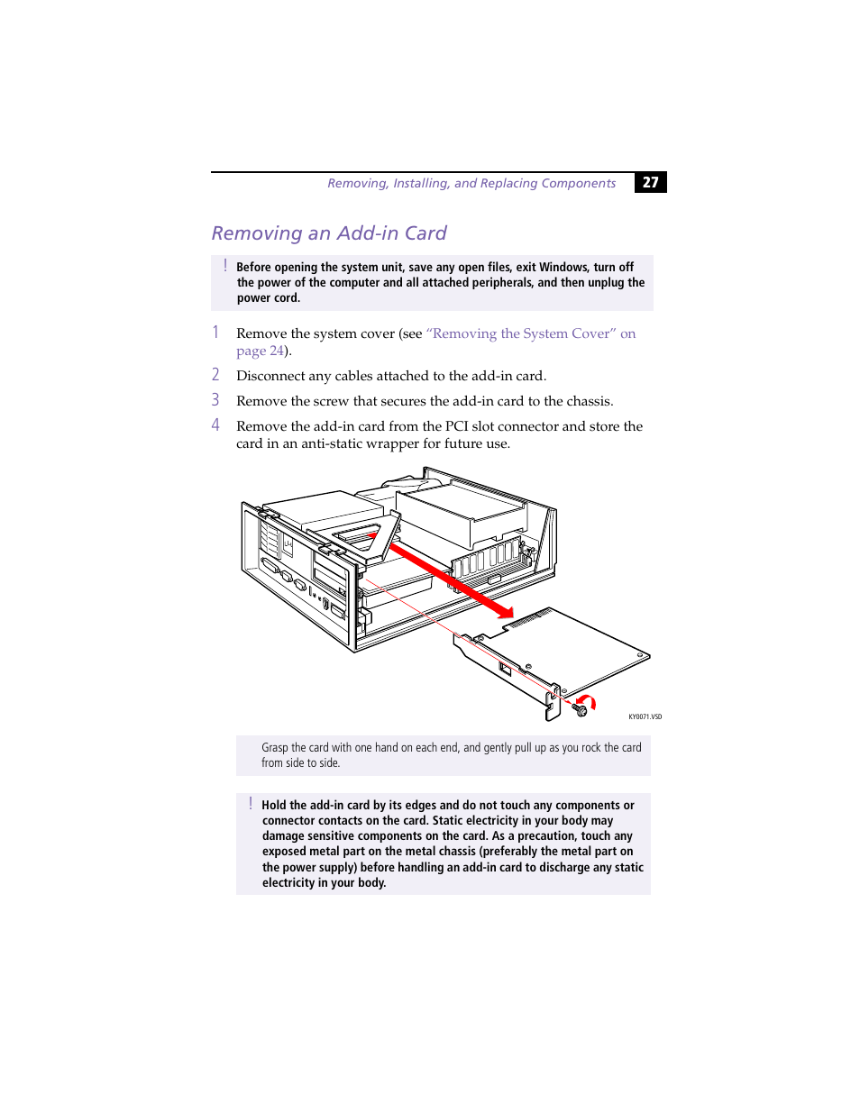 Removing an add-in card | Sony PCV-L630 User Manual | Page 35 / 110
