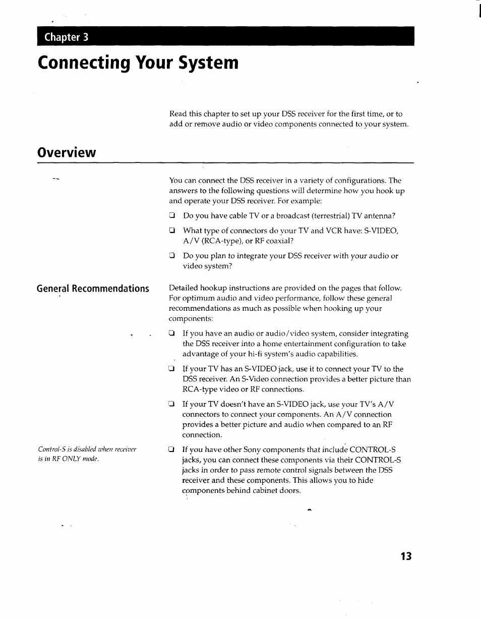 Connecting your system, Overview, Chapter 3 | Sony SAT-A1 User Manual | Page 11 / 89