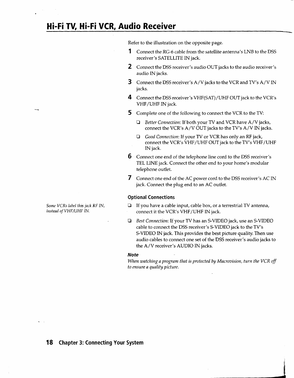 Hi-fi tv, hi-fi vcr, audio receiver, Optional connections | Sony SAT-A1 User Manual | Page 16 / 89