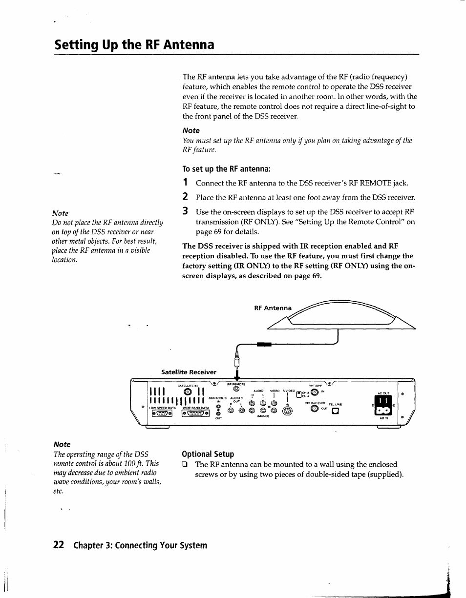 Setting up the rf antenna, To set up the rf antenna, Optional setup | Sony SAT-A1 User Manual | Page 20 / 89