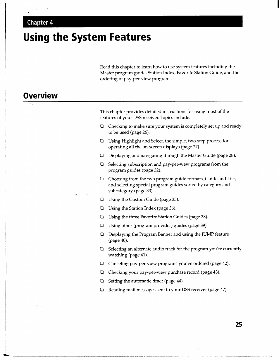 Using the system features, Overview, Chapter 4 | Sony SAT-A1 User Manual | Page 22 / 89