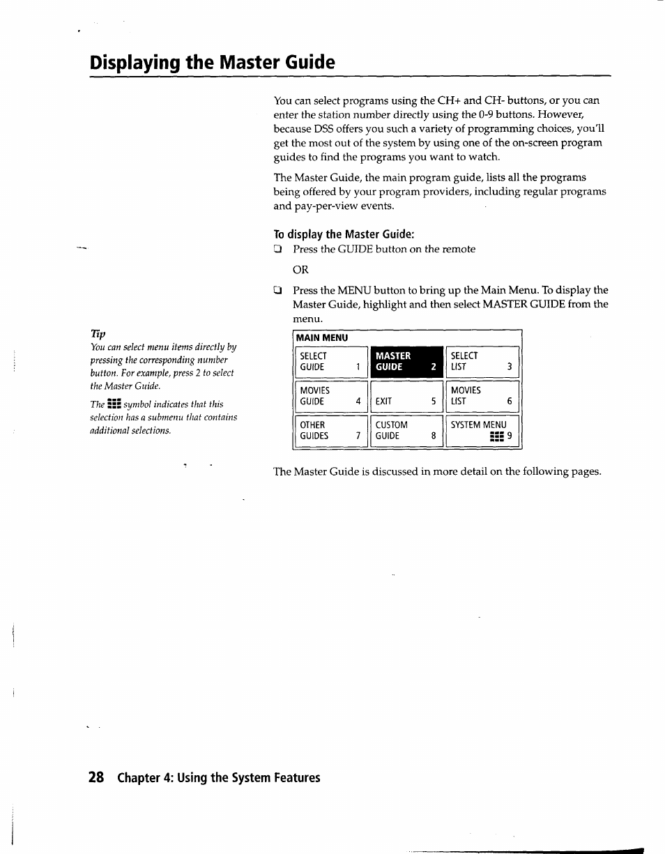 To display the master guide, Displaying the master guide | Sony SAT-A1 User Manual | Page 25 / 89