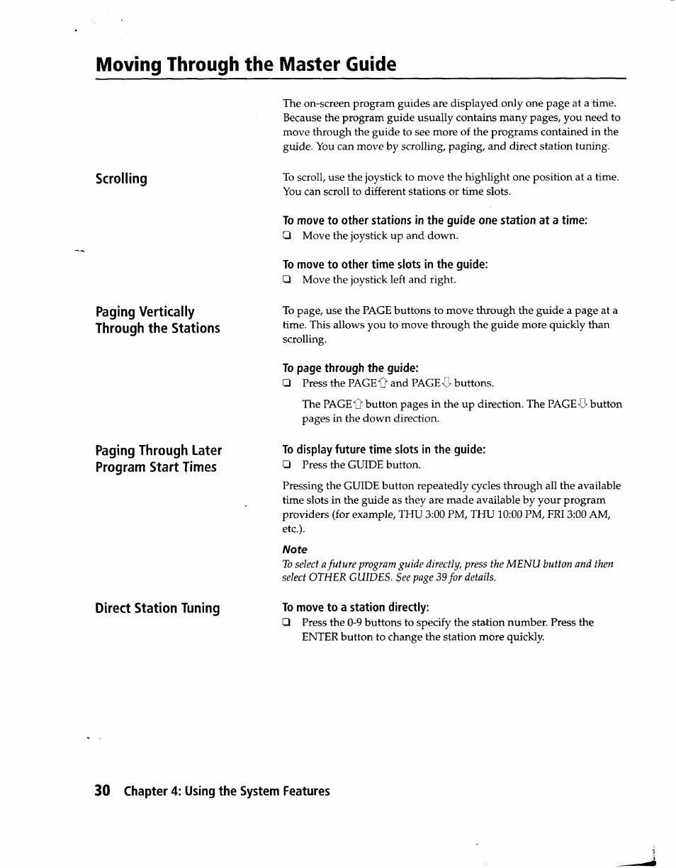 To move to other time slots in the guide, To display future time slots in the guide, To move to a station directly | Moving through the master guide | Sony SAT-A1 User Manual | Page 27 / 89