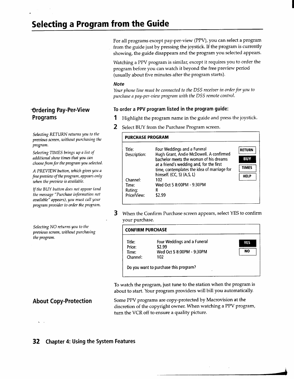 To order a ppv program listed in the program guide, Selecting a program from the guide | Sony SAT-A1 User Manual | Page 29 / 89