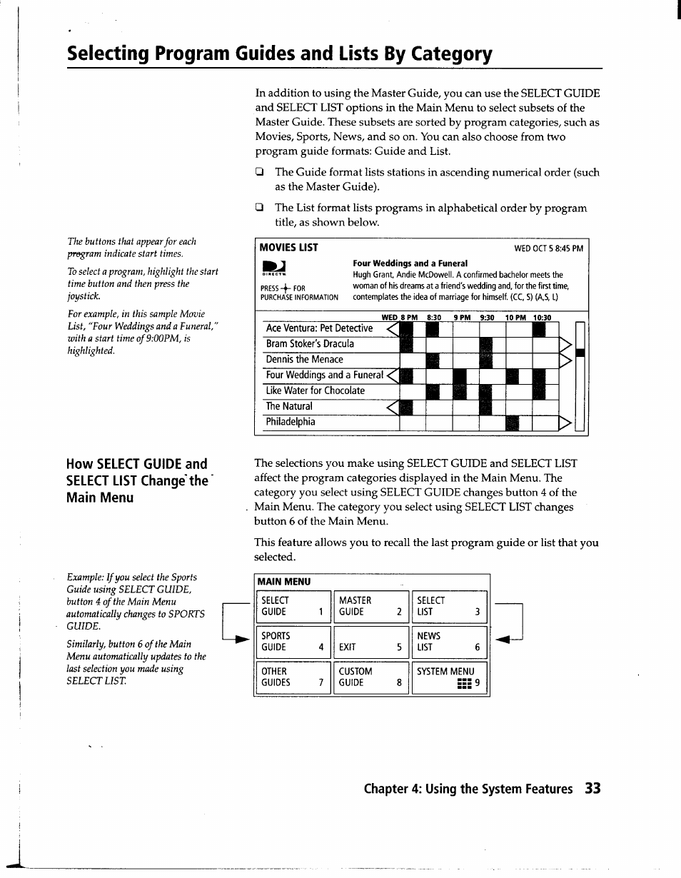 Selecting program guides and lists by category | Sony SAT-A1 User Manual | Page 30 / 89