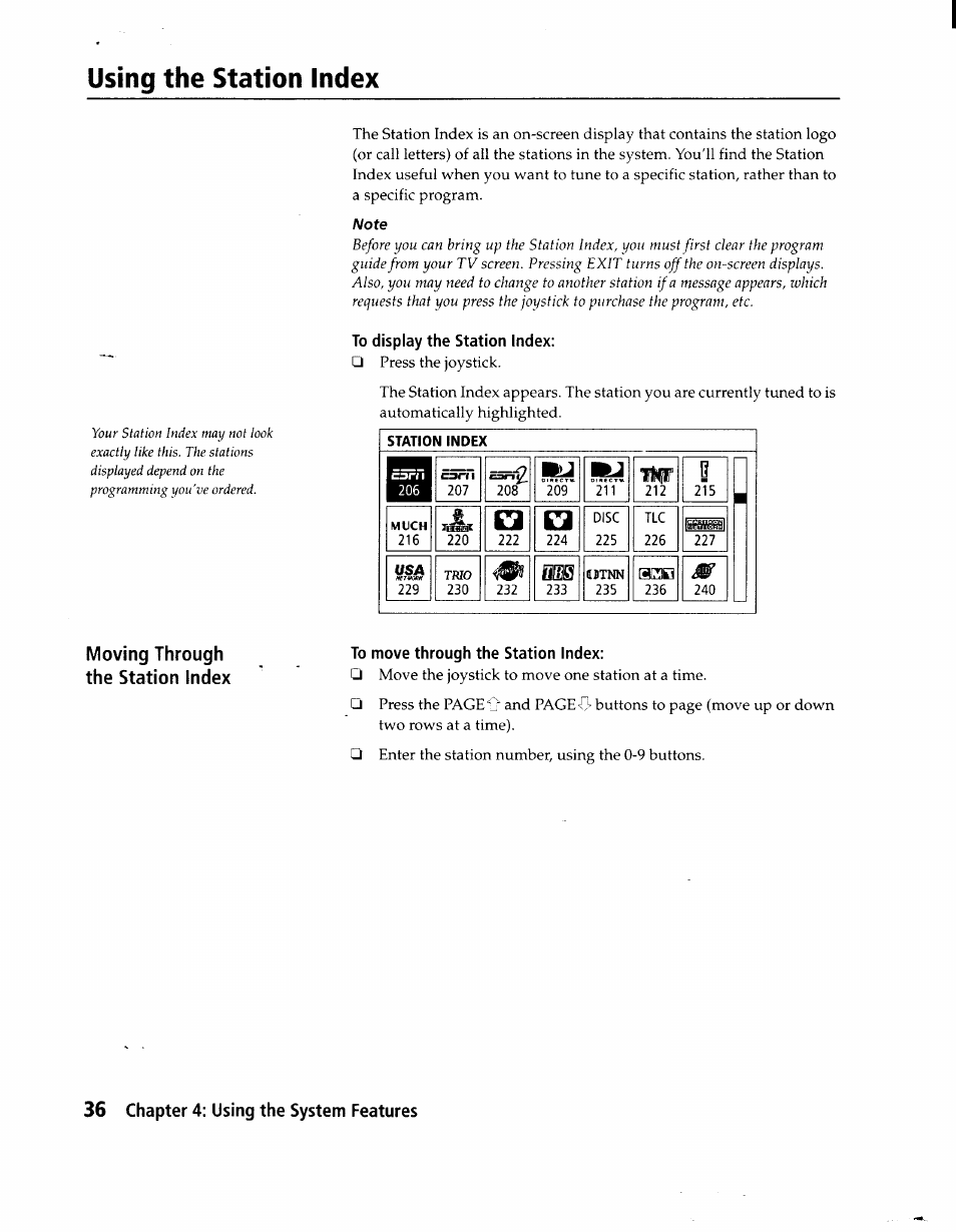 Using the station index, To display the station index, To move through the station index | Moving through the station index, Chapter 4: using the system features | Sony SAT-A1 User Manual | Page 33 / 89