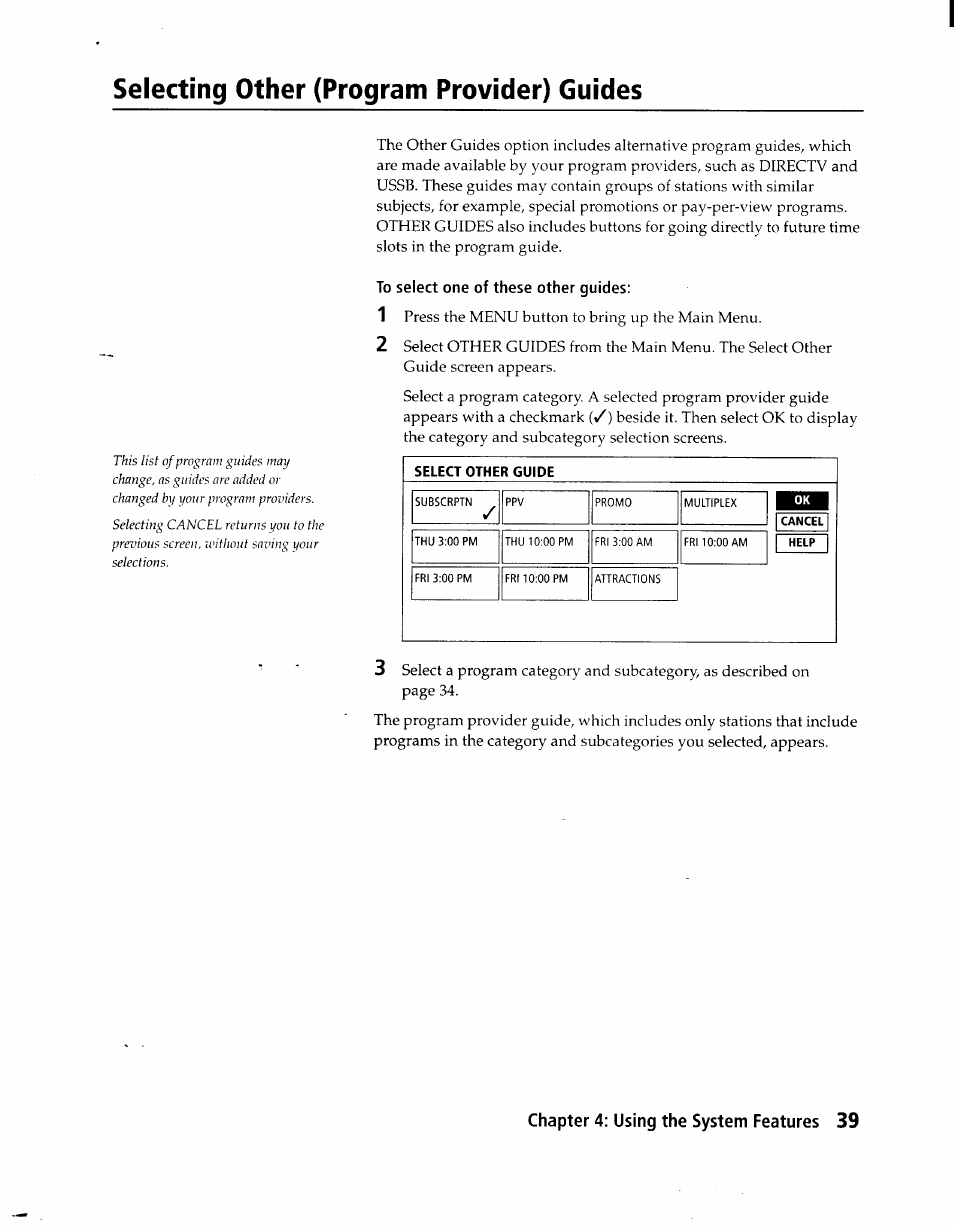 Selecting other (program provider) guides, To select one of these other guides | Sony SAT-A1 User Manual | Page 36 / 89