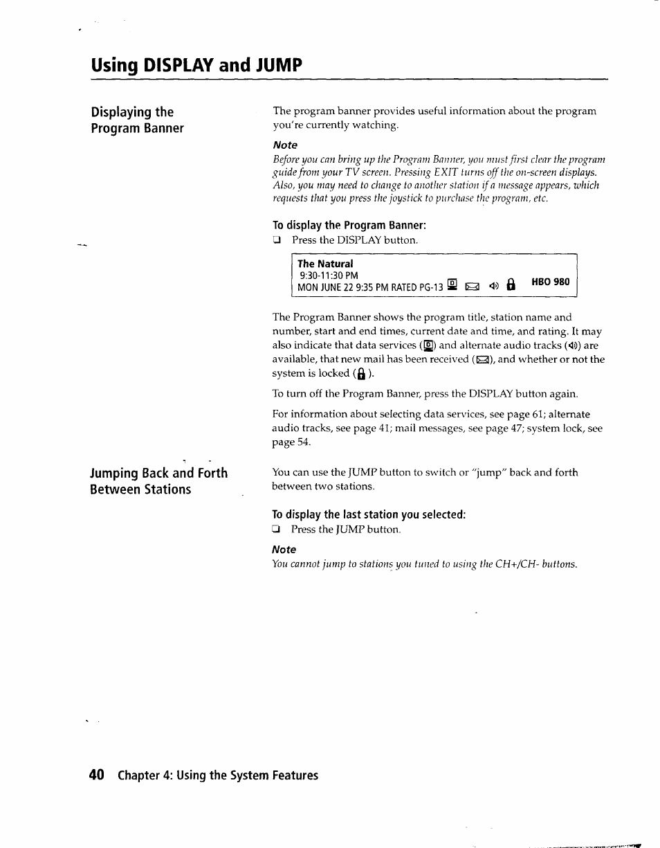 Using display and jump, To display the program banner, To display the last station you selected | Sony SAT-A1 User Manual | Page 37 / 89