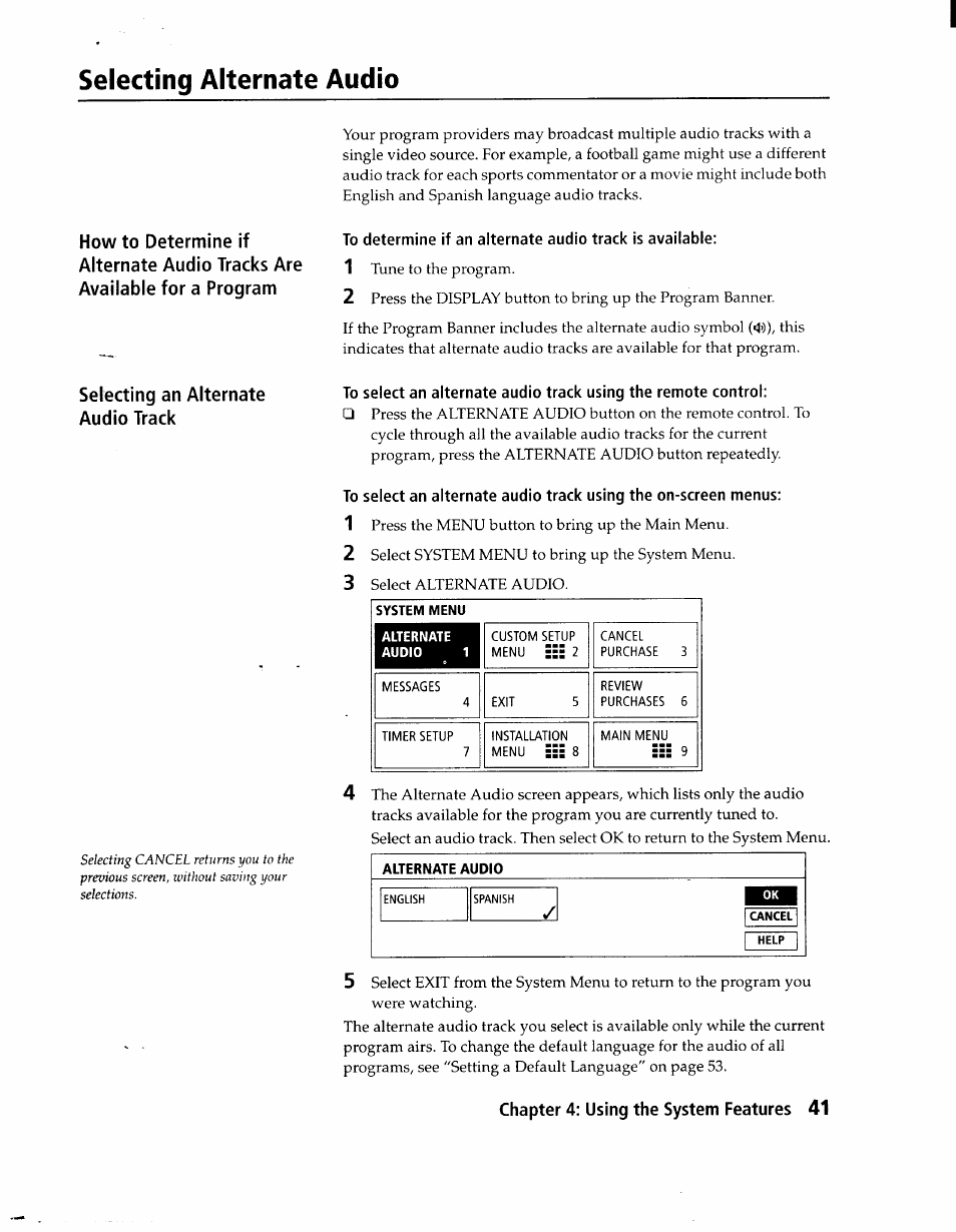 Selecting alternate audio, Selecting an alternate audio track | Sony SAT-A1 User Manual | Page 38 / 89