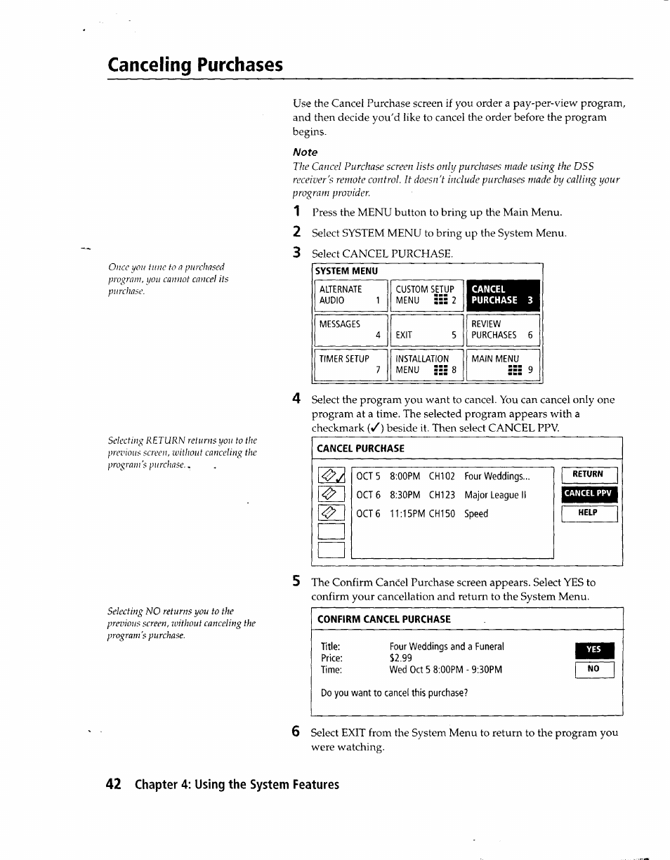Canceling purchases, Cancel purchase, Confirm cancel purchase | Sony SAT-A1 User Manual | Page 39 / 89