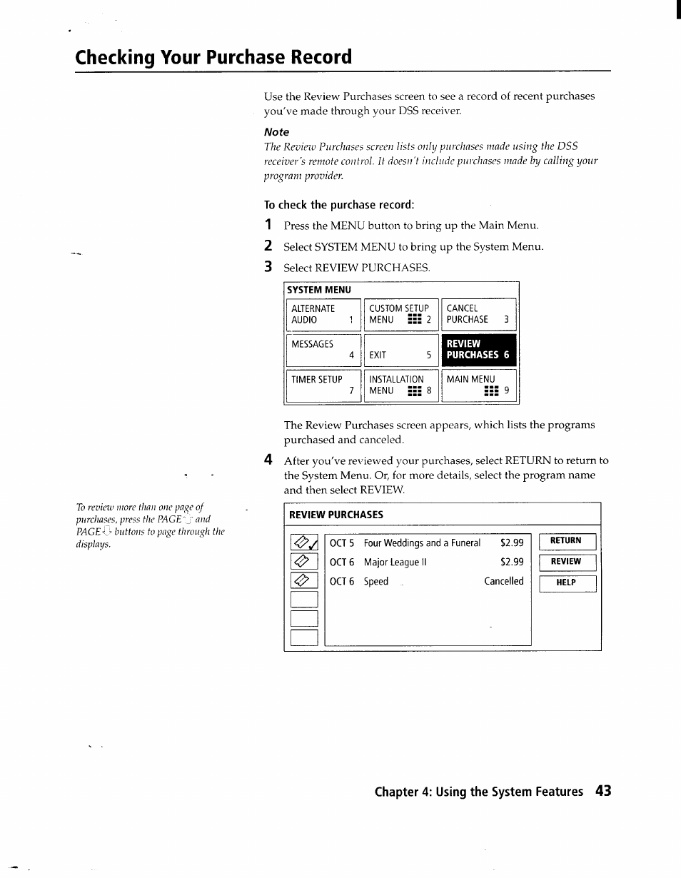 Checking your purchase record, To check the purchase record, Review purchases | Sony SAT-A1 User Manual | Page 40 / 89