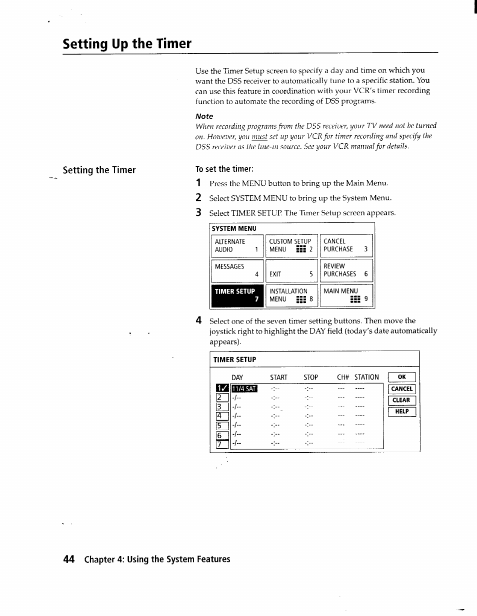 Setting up the timer, To set the timer, Setting the timer | 44 chapter 4: using the system features | Sony SAT-A1 User Manual | Page 41 / 89
